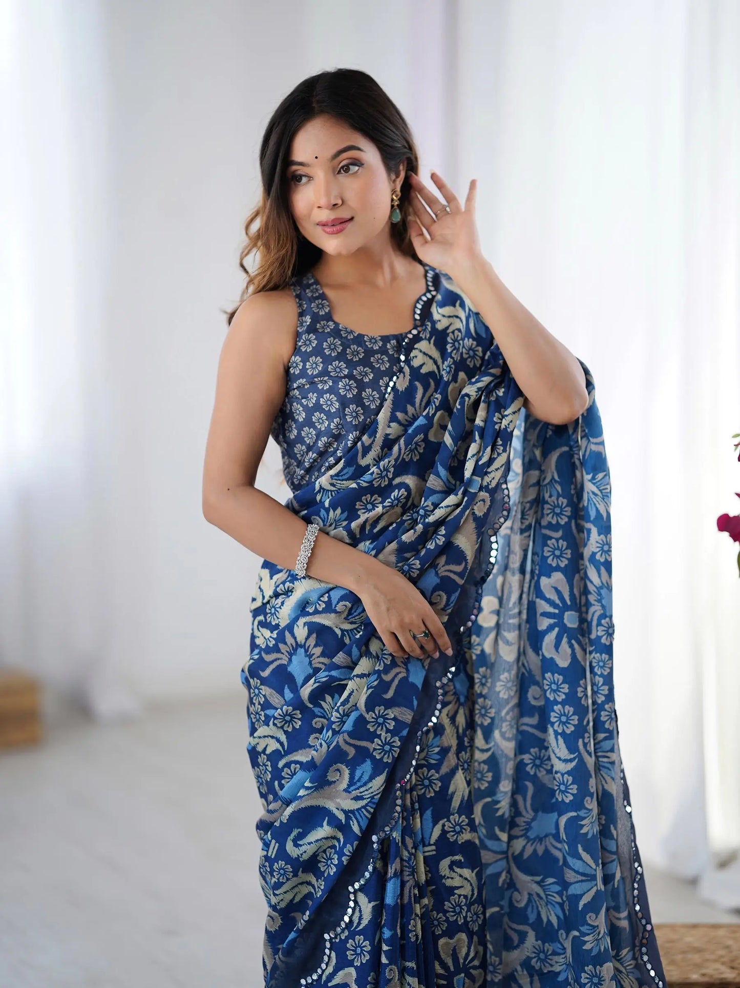 Dark Blue Chinon Saree with Designer Digital Print & Mirror Cut Work