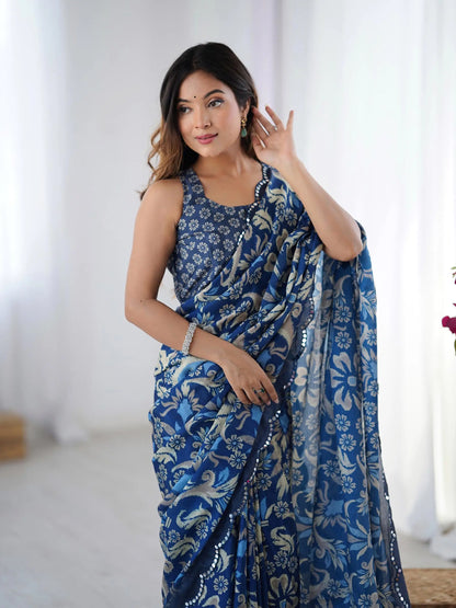 Dark Blue Chinon Saree with Designer Digital Print & Mirror Cut Work