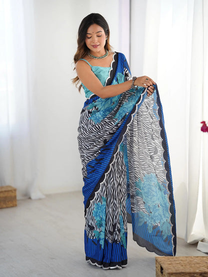 Blue  Chinon Saree with Designer Digital Print & Mirror Cut Work