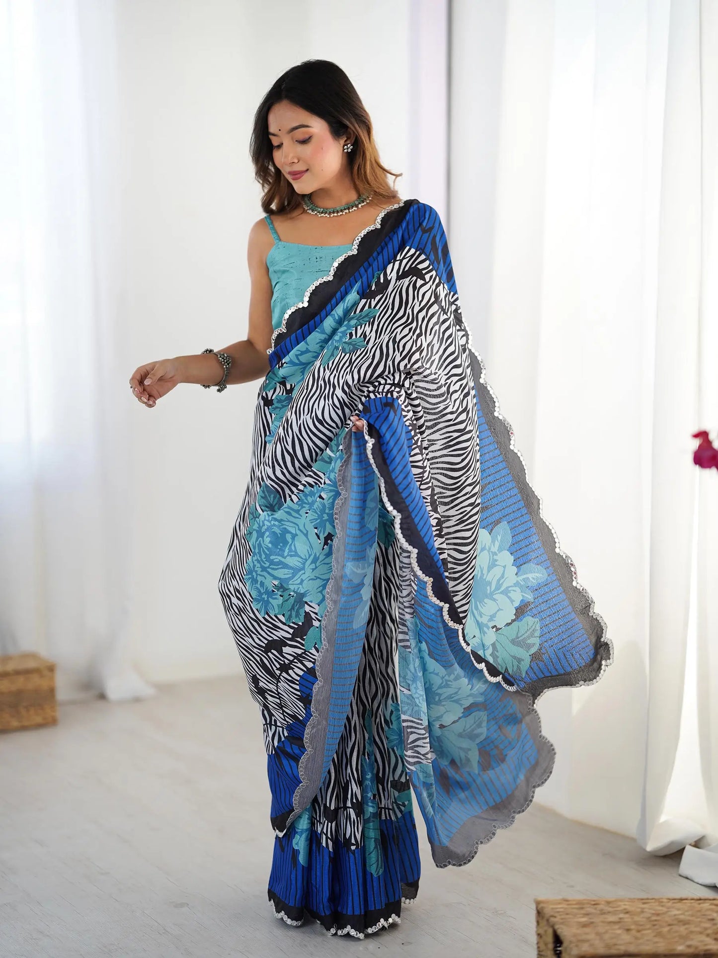 Blue  Chinon Saree with Designer Digital Print & Mirror Cut Work