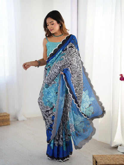 Blue  Chinon Saree with Designer Digital Print & Mirror Cut Work