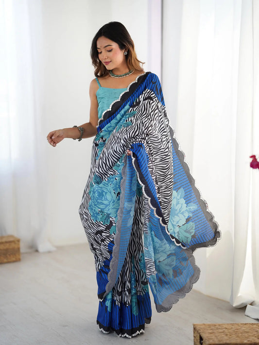Blue  Chinon Saree with Designer Digital Print & Mirror Cut Work