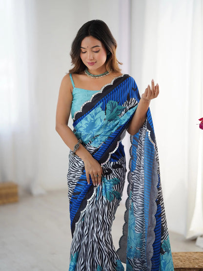 Blue  Chinon Saree with Designer Digital Print & Mirror Cut Work