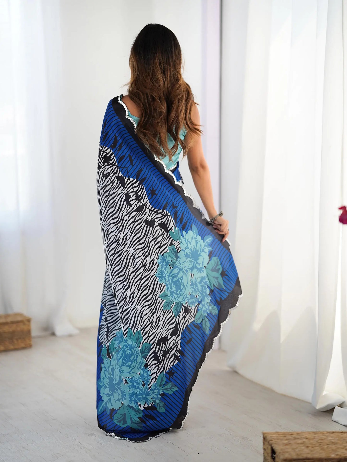 Blue  Chinon Saree with Designer Digital Print & Mirror Cut Work
