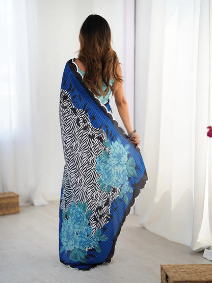 Blue  Chinon Saree with Designer Digital Print & Mirror Cut Work