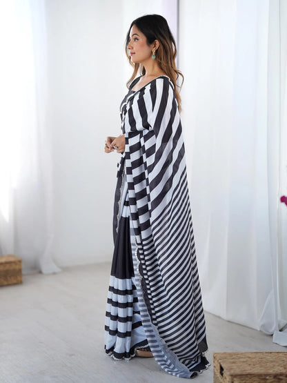Black Chinon Saree with Designer Digital Print & Mirror Cut Work