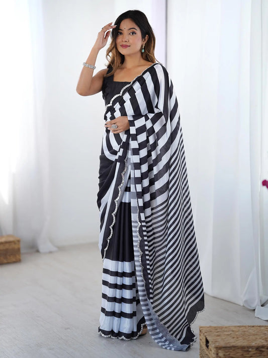 Black Chinon Saree with Designer Digital Print & Mirror Cut Work