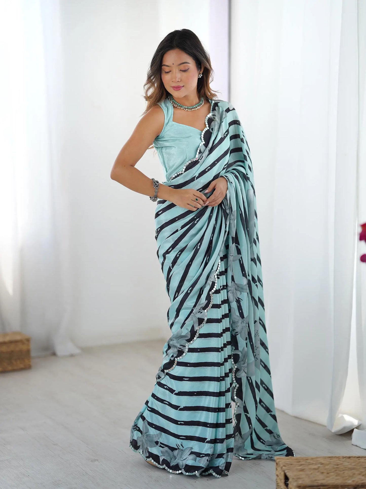Aqua Blue  Chinon Saree with Designer Digital Print & Mirror Cut Work