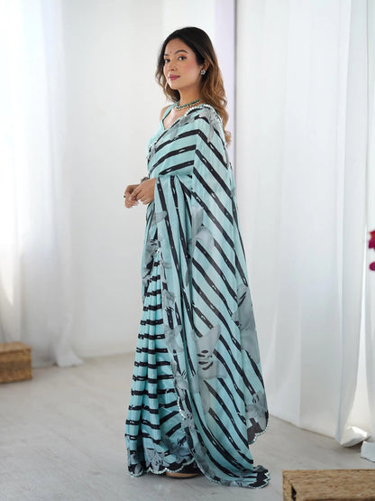 Aqua Blue  Chinon Saree with Designer Digital Print & Mirror Cut Work