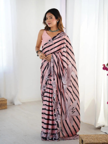 Pink  Chinon Saree with Designer Digital Print & Mirror Cut Work