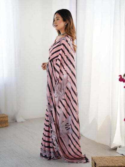 Pink  Chinon Saree with Designer Digital Print & Mirror Cut Work