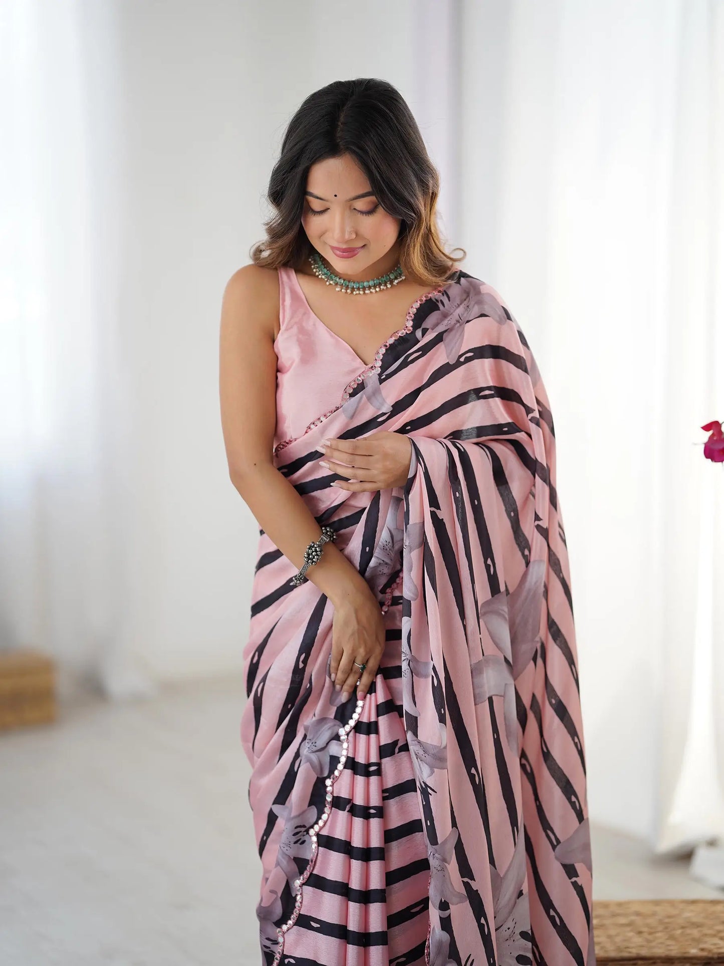 Pink  Chinon Saree with Designer Digital Print & Mirror Cut Work