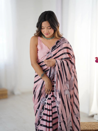 Pink  Chinon Saree with Designer Digital Print & Mirror Cut Work