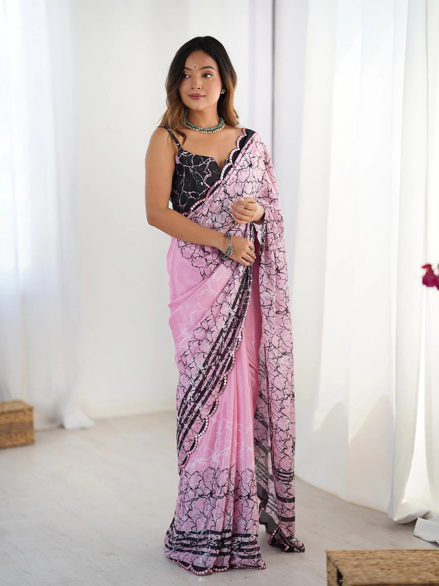 Pink Chinon Saree with Designer Digital Print & Mirror Cut Work