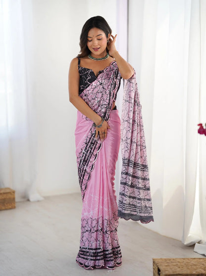 Pink Chinon Saree with Designer Digital Print & Mirror Cut Work