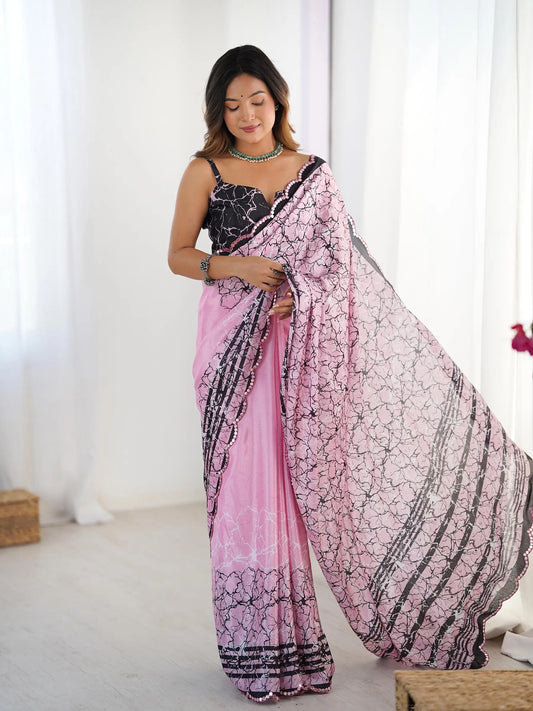 Pink Chinon Saree with Designer Digital Print & Mirror Cut Work