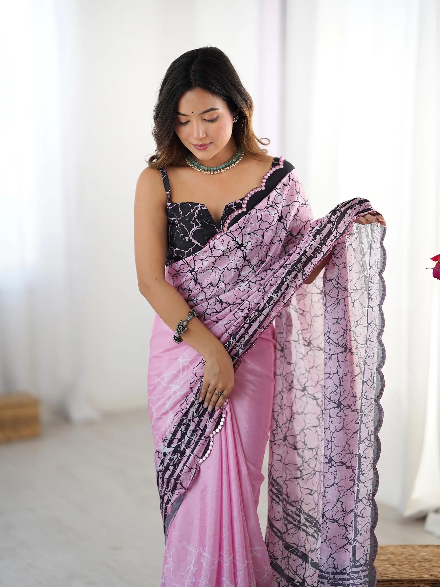 Pink Chinon Saree with Designer Digital Print & Mirror Cut Work