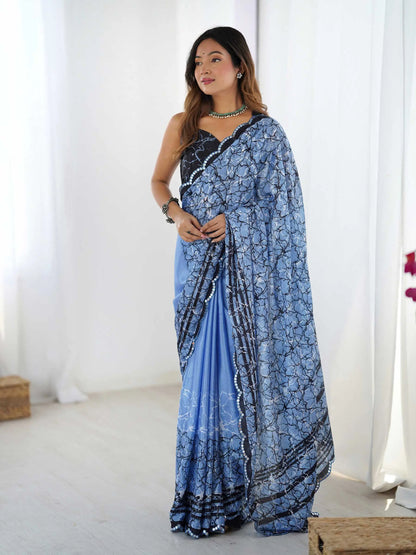 Blue Chinon Saree with Designer Digital Print & Mirror Cut Work