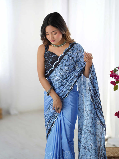 Blue Chinon Saree with Designer Digital Print & Mirror Cut Work