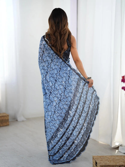 Blue Chinon Saree with Designer Digital Print & Mirror Cut Work