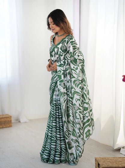 Green Chinon Saree with Designer Digital Print & Mirror Cut Work
