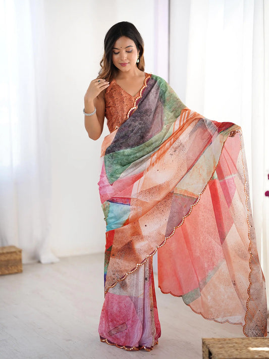 Multi Color Chinon Saree with Designer Digital Print & Mirror Cut Work
