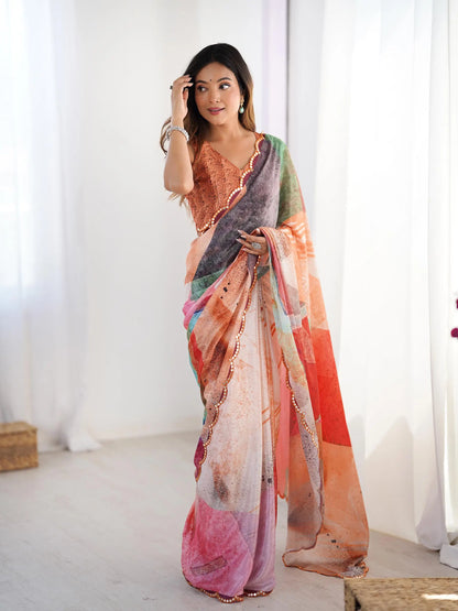 Multi Color Chinon Saree with Designer Digital Print & Mirror Cut Work