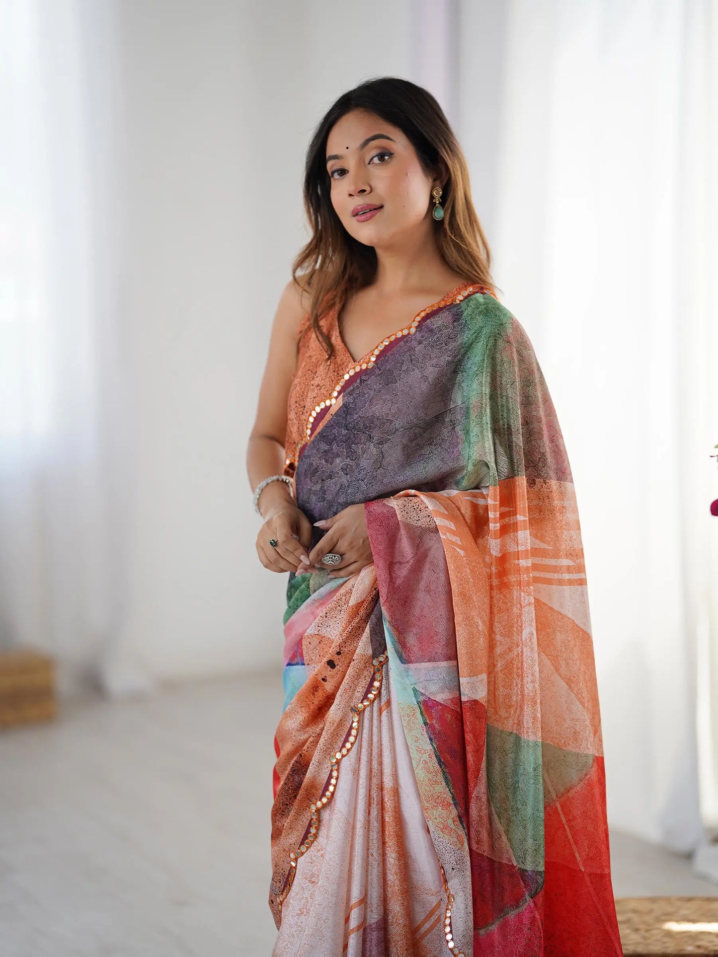 Multi Color Chinon Saree with Designer Digital Print & Mirror Cut Work