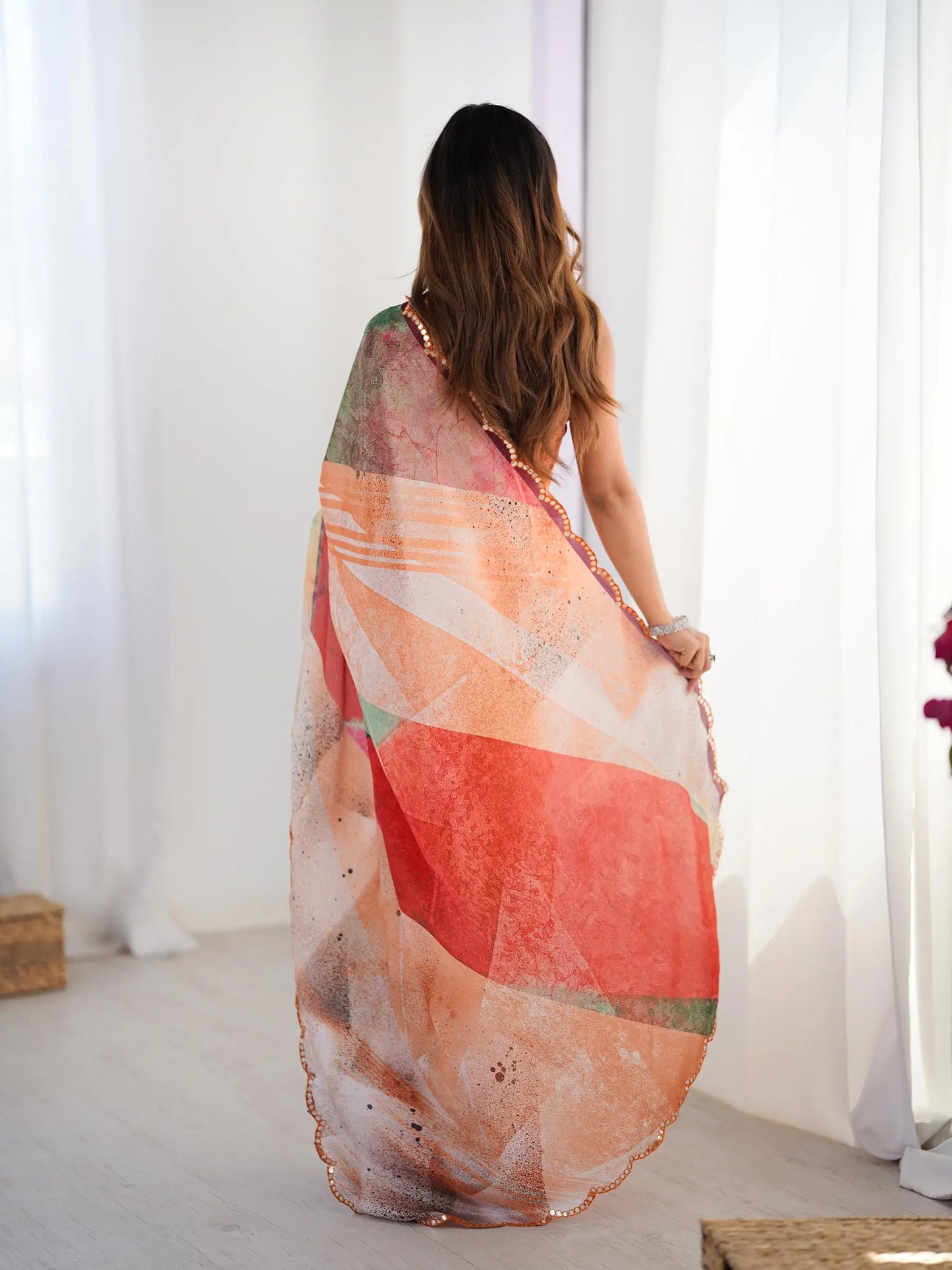 Multi Color Chinon Saree with Designer Digital Print & Mirror Cut Work