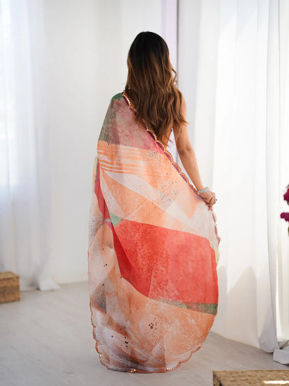 Multi Color Chinon Saree with Designer Digital Print & Mirror Cut Work