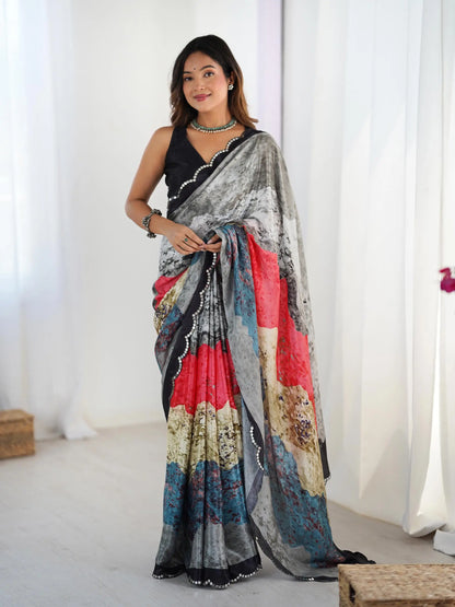 Multi color Chinon Saree with Designer Digital Print & Mirror Cut Work