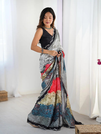 Multi color Chinon Saree with Designer Digital Print & Mirror Cut Work