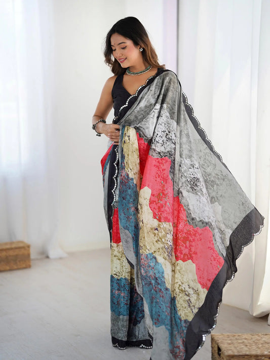 Multi color Chinon Saree with Designer Digital Print & Mirror Cut Work