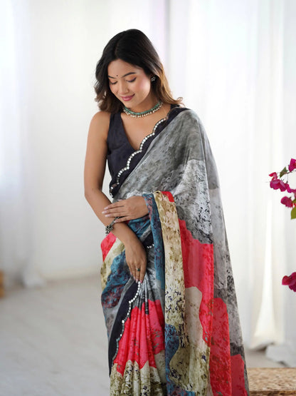 Multi color Chinon Saree with Designer Digital Print & Mirror Cut Work