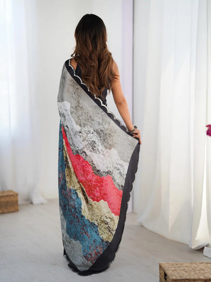 Multi color Chinon Saree with Designer Digital Print & Mirror Cut Work