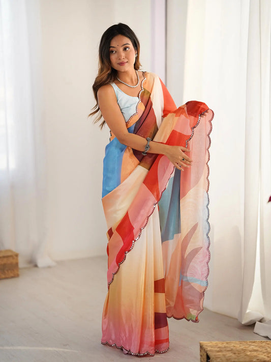 Multi Color Chinon Saree with Designer Digital Print & Mirror Cut Work