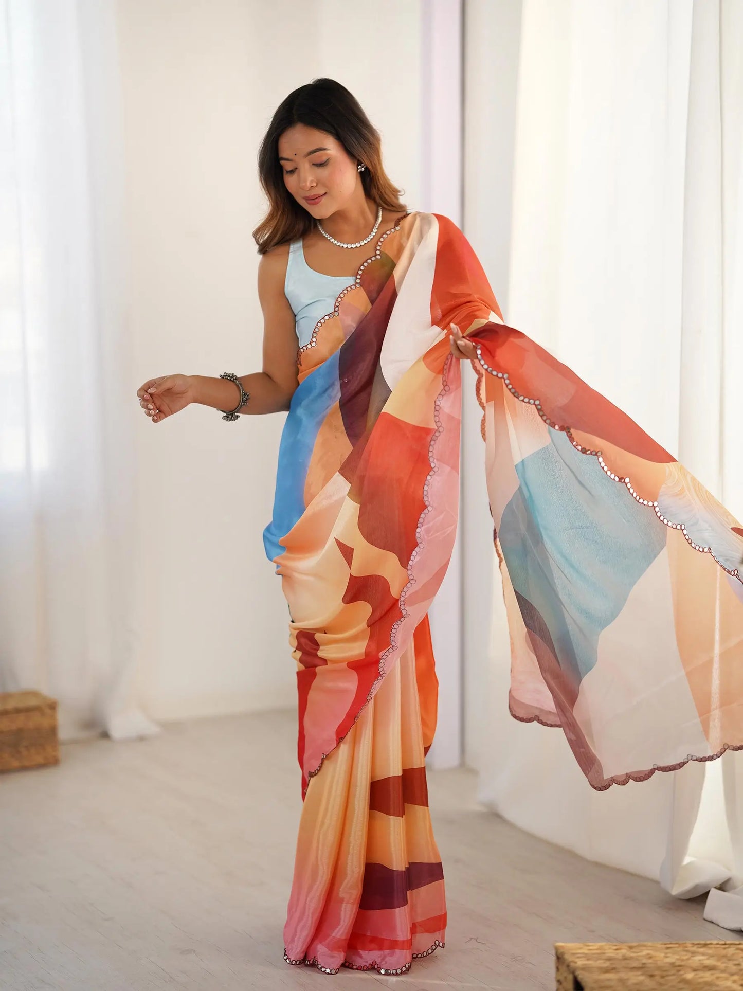 Multi Color Chinon Saree with Designer Digital Print & Mirror Cut Work