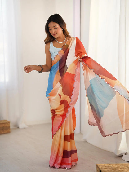 Multi Color Chinon Saree with Designer Digital Print & Mirror Cut Work