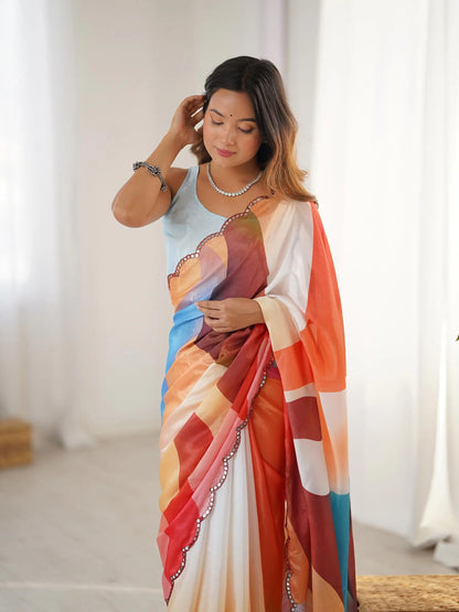 Multi Color Chinon Saree with Designer Digital Print & Mirror Cut Work