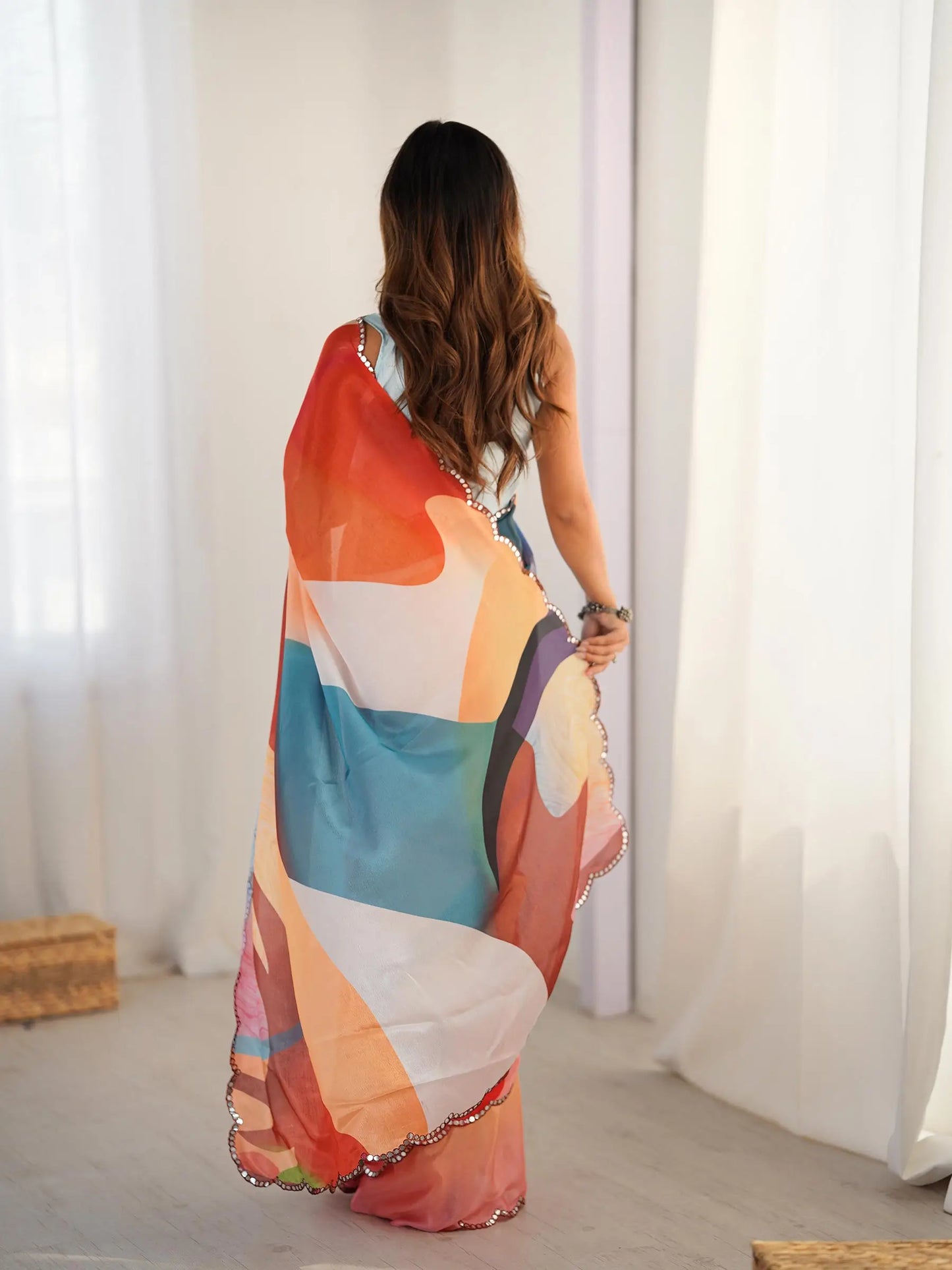 Multi Color Chinon Saree with Designer Digital Print & Mirror Cut Work