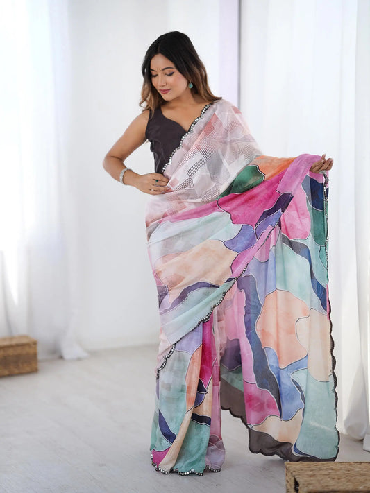 Multi Color Chinon Saree with Designer Digital Print & Mirror Cut Work