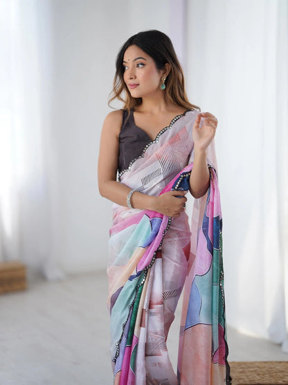 Multi Color Chinon Saree with Designer Digital Print & Mirror Cut Work