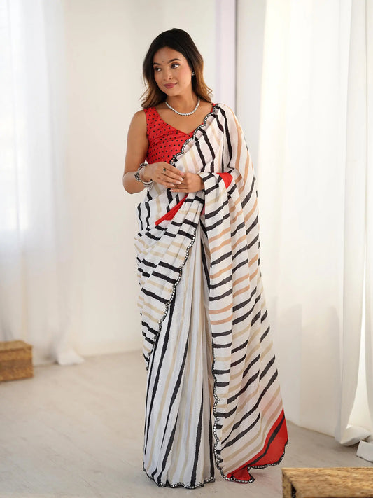White  Chinon Saree with Designer Digital Print & Mirror Cut Work
