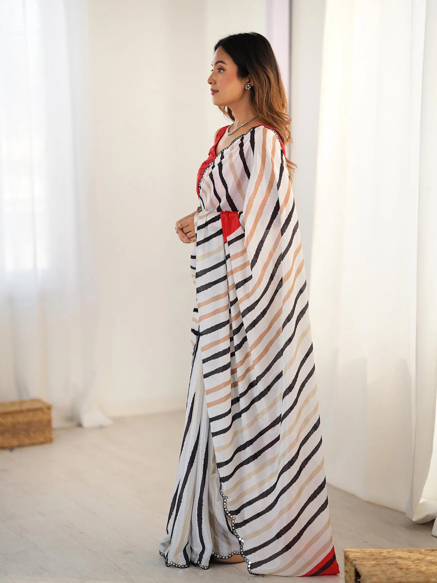 White  Chinon Saree with Designer Digital Print & Mirror Cut Work