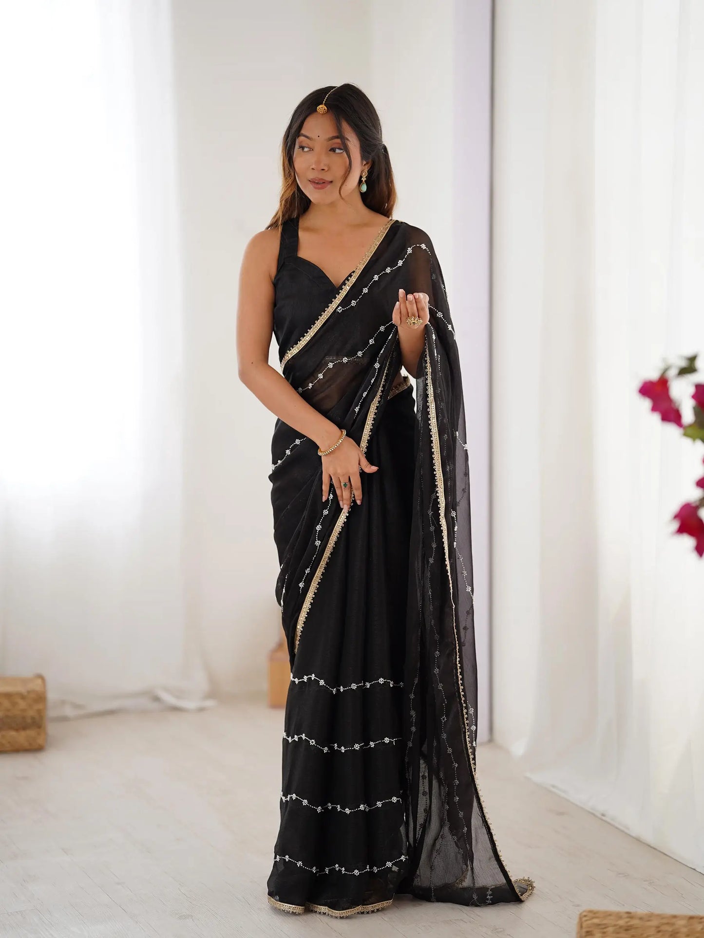 Black Sitara Chiffon  with Designer Beads, Moti & Sequins Work Saree