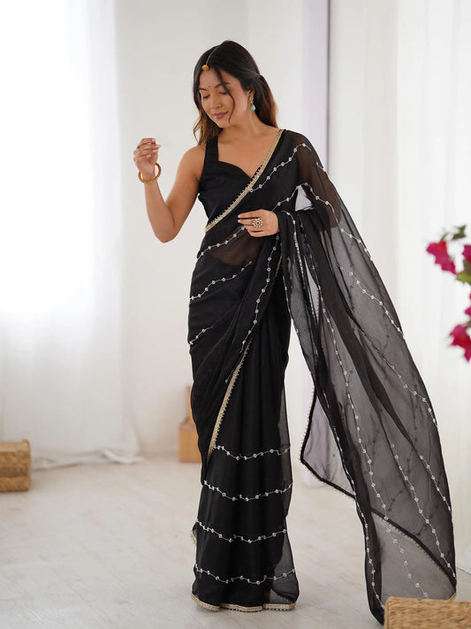 Black Sitara Chiffon  with Designer Beads, Moti & Sequins Work Saree
