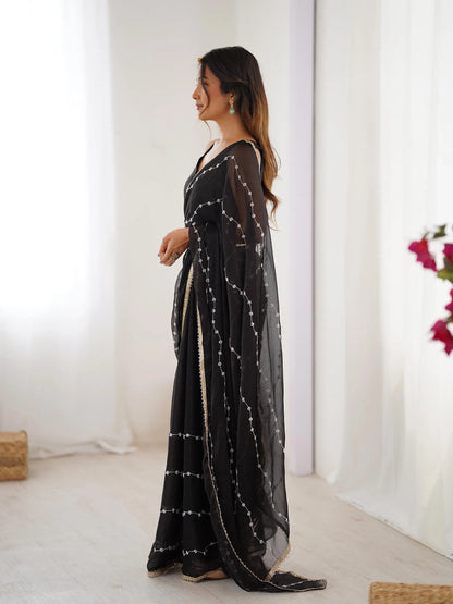 Black Sitara Chiffon  with Designer Beads, Moti & Sequins Work Saree