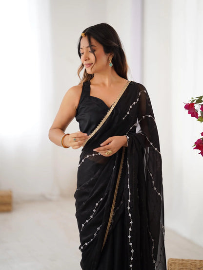Black Sitara Chiffon  with Designer Beads, Moti & Sequins Work Saree