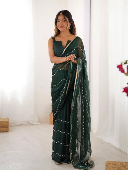 Dark Green Sitara Chiffon  with Designer Beads, Moti & Sequins Work Saree