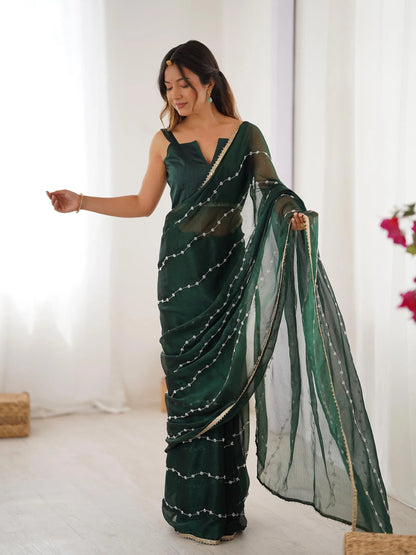 Dark Green Sitara Chiffon  with Designer Beads, Moti & Sequins Work Saree